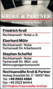 Banner der Kanzlei Stephan Scheffel in Werl mit Kontaktdaten und Leistungen zu Erben, Vererben und Mietrecht.